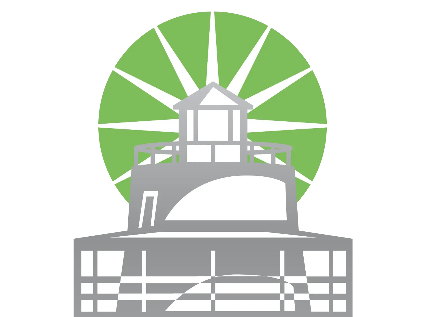 light gray lighthouse with green circle behind showing light rays